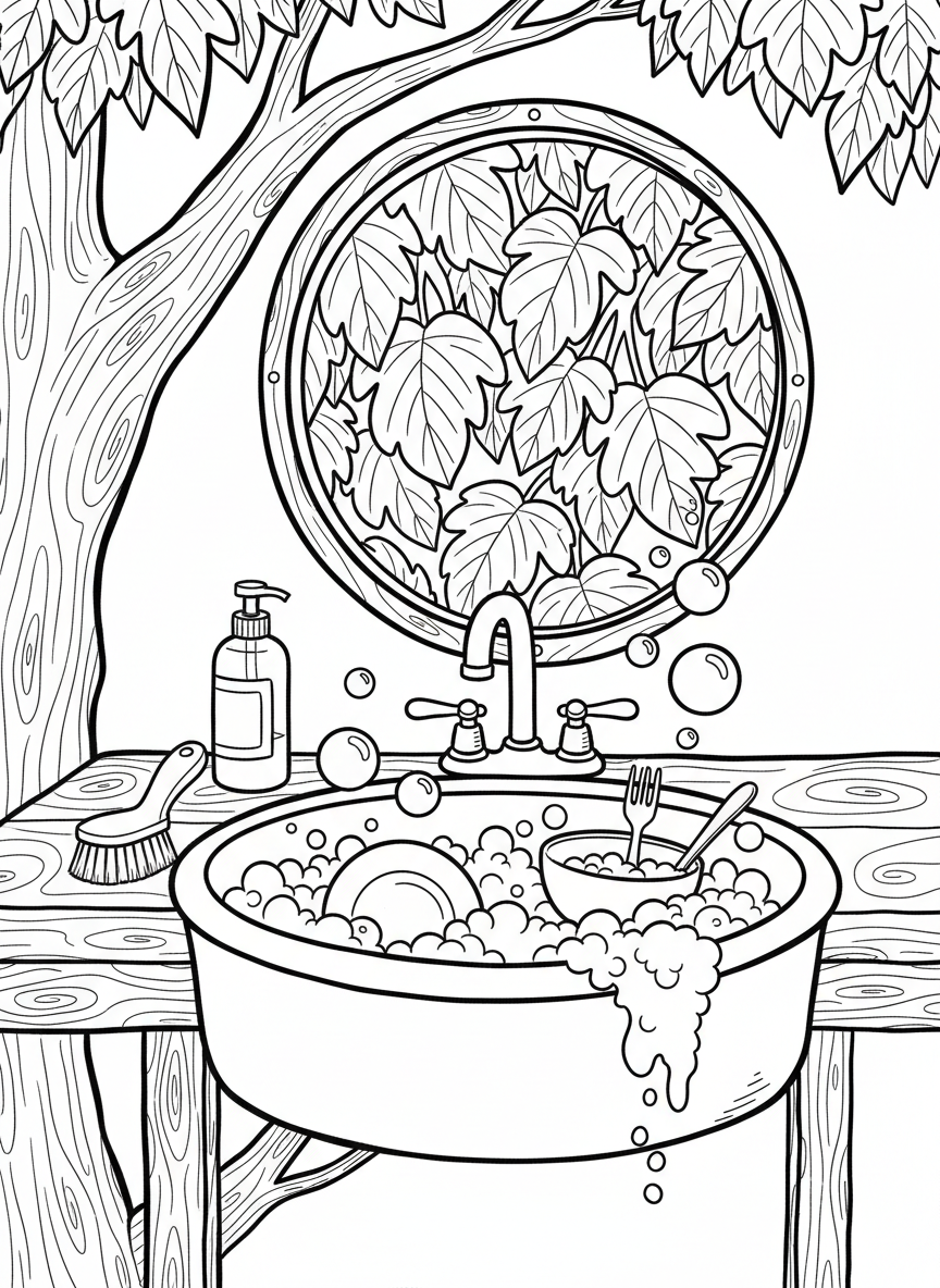 Close-up of a treehouse kitchen sink with dishes, soap bubbles, and a view of leaves through a round porthole window.