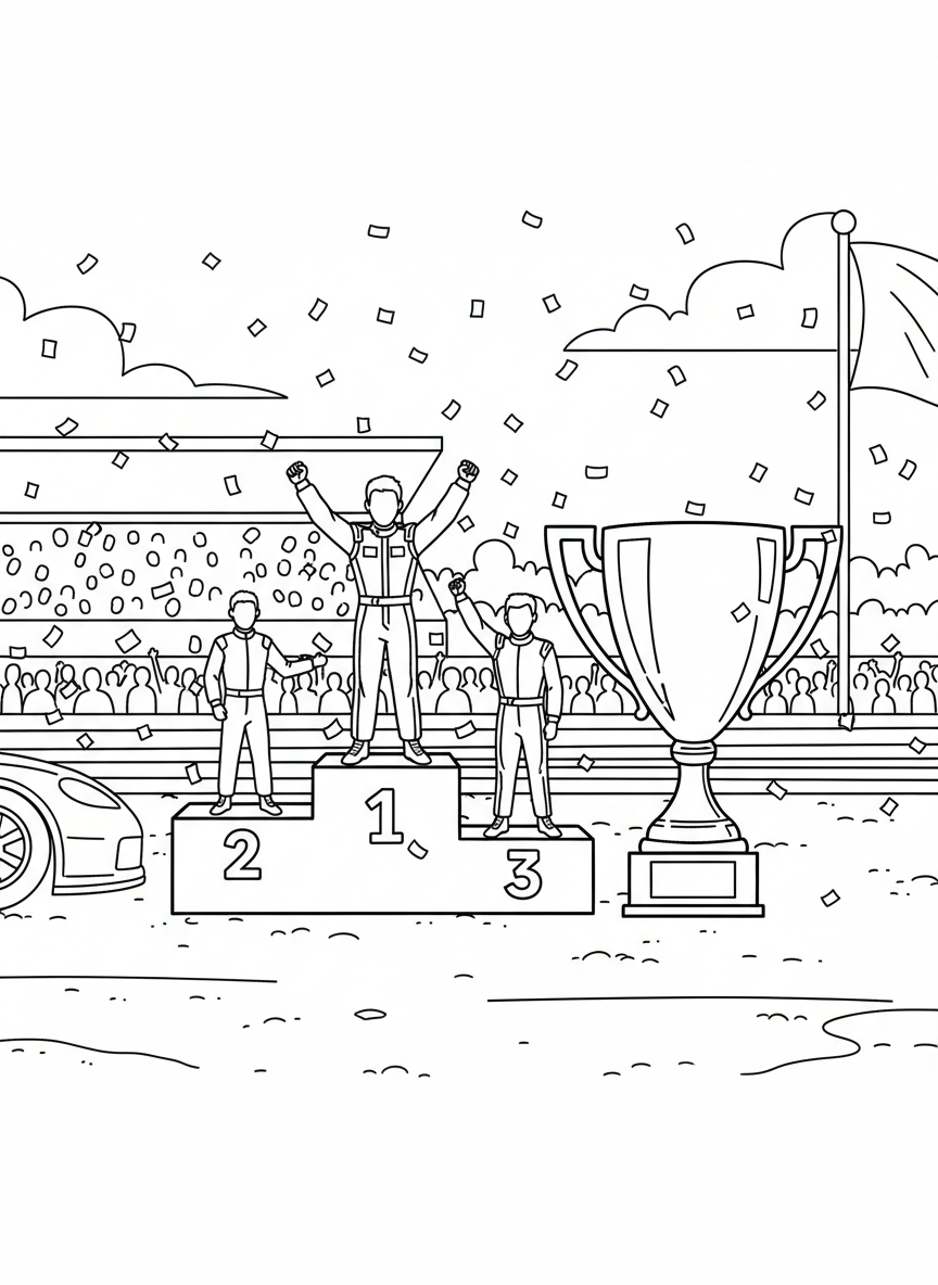 A race track victory lane celebration with confetti falling, a winner's podium, and a large trophy waiting to be claimed.