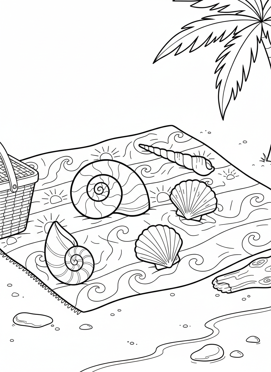 Simple scene of five different shell shapes scattered on a beach blanket for a beginner-friendly design.