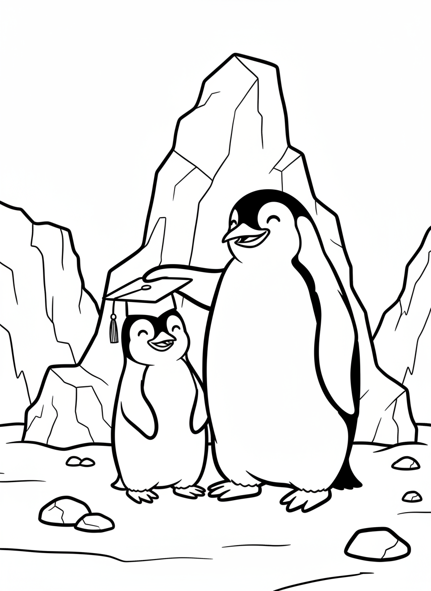 A proud parent penguin placing a graduation cap on their child penguin's head, both smiling warmly at each other.