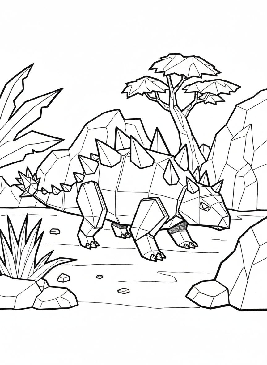 An origami Ankylosaurus with a geometric club tail and angular armor plates, showing clear paper fold lines across its rectangular body.