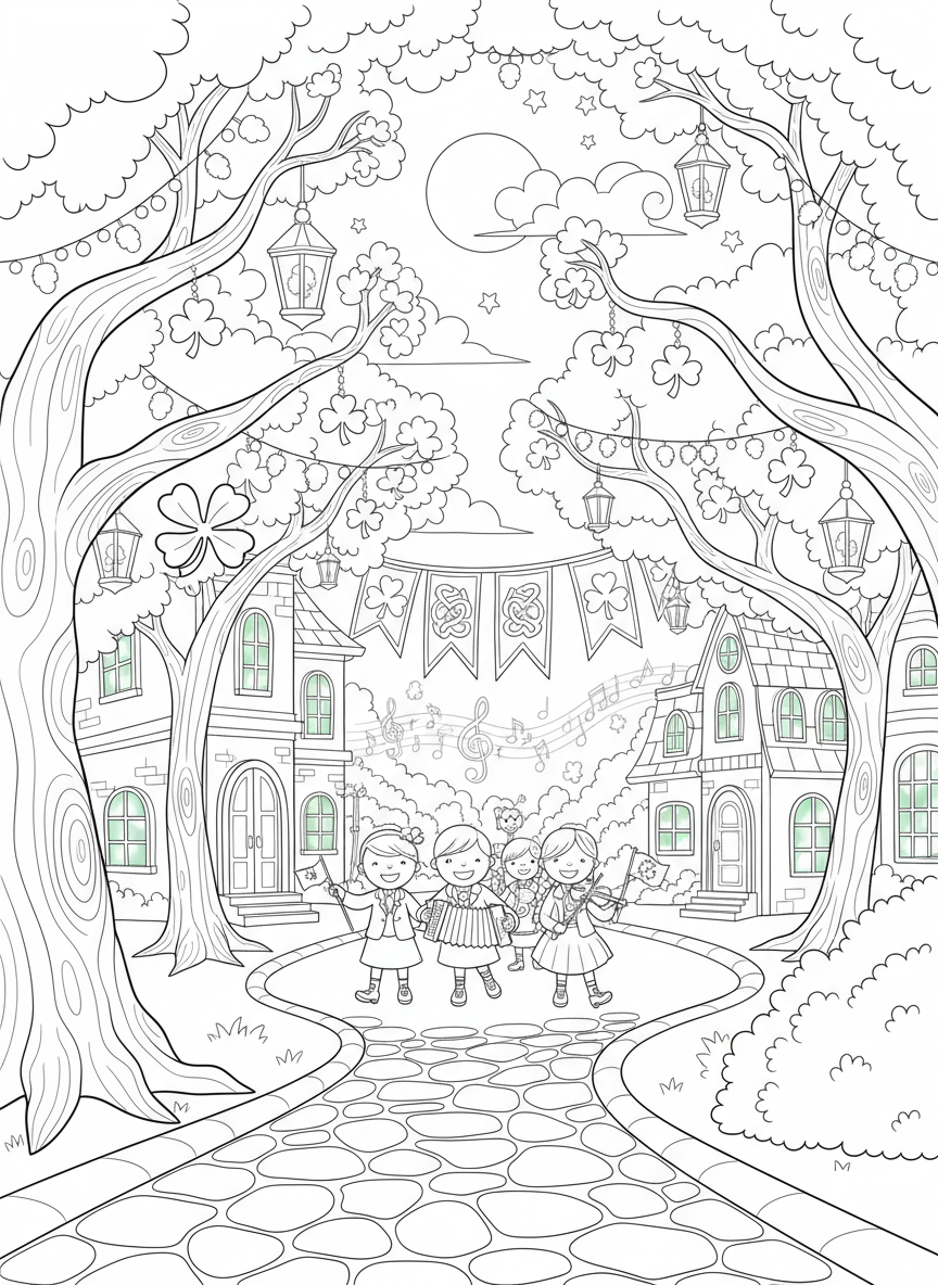 Saint Patricks Day coloring page prompts celebrating Irish-inspired traditions, green decorations, music, and festive community energy.	An evening walk through a decorated neighborhood, green accents glowing softly and music fading into the distance.