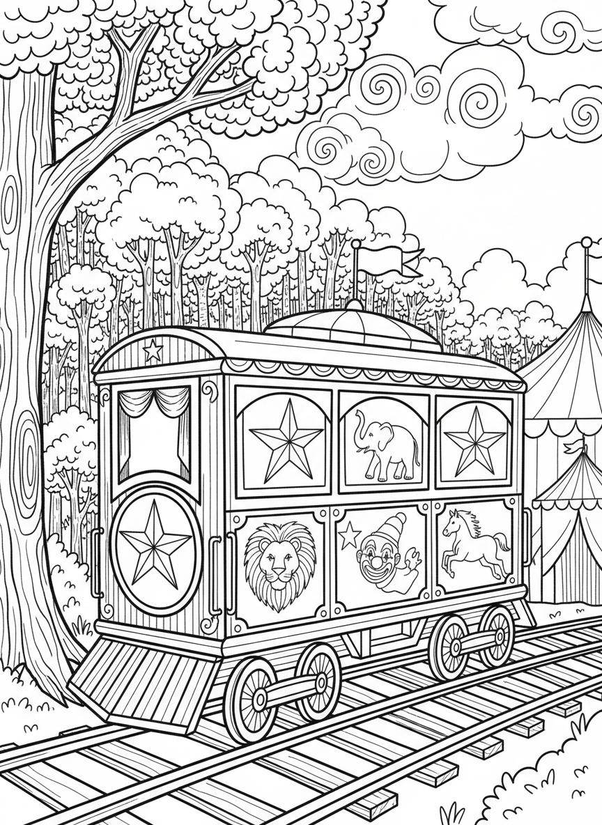 A circus train car decorated with stars and animals painted on the side, traveling on railroad tracks.