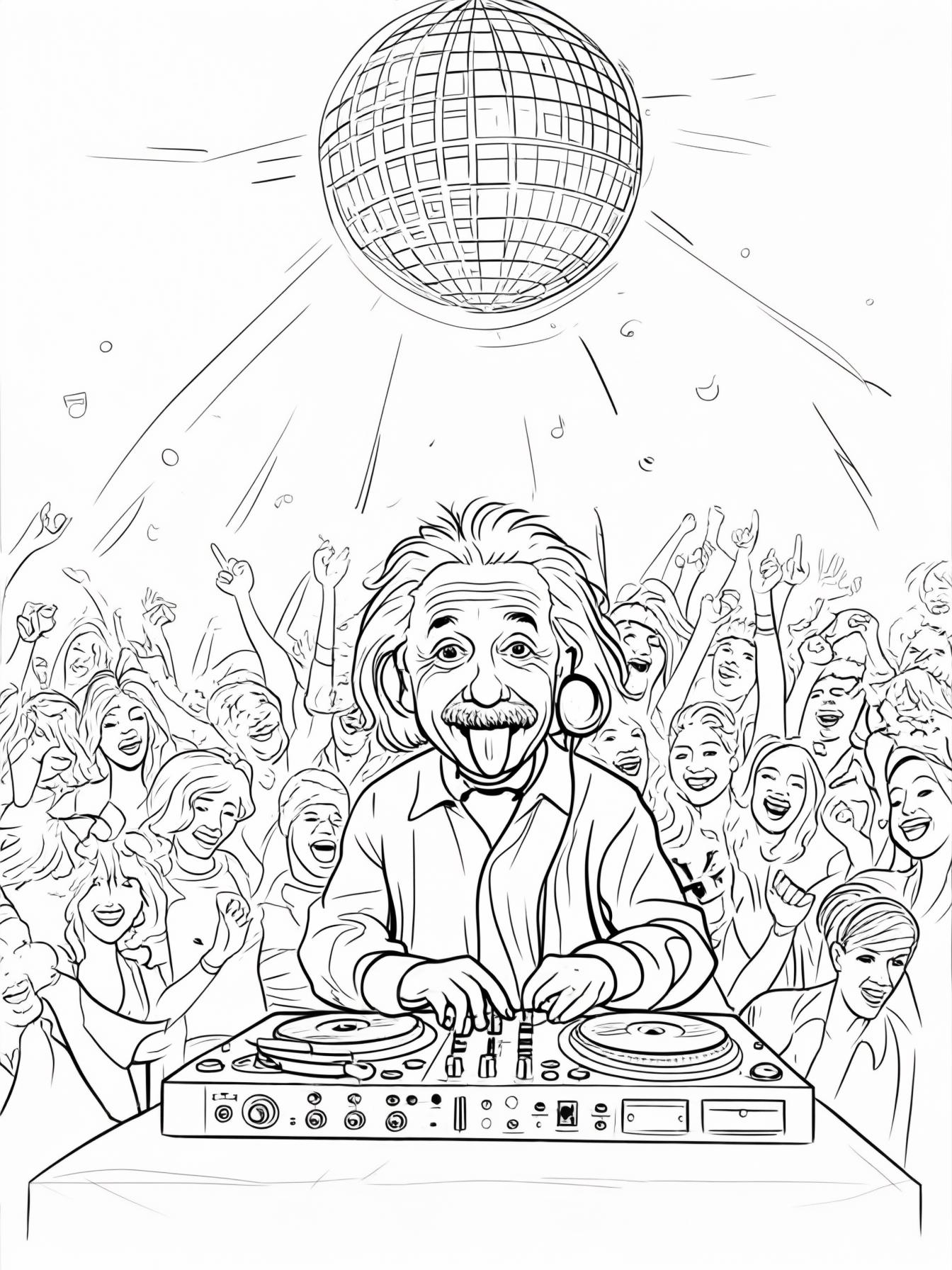 Albert Einstein playing a DJ set with a rowdy crowd surrounding in a night club setting with a disco ball overhead 