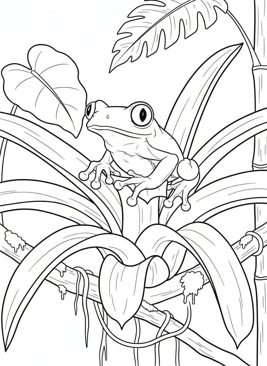 A red-eyed tree frog perched on a bromeliad plant, with its distinctive large eyes and toe pads clearly outlined.