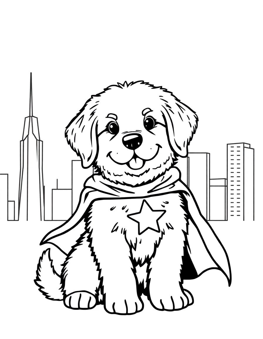 A fluffy golden retriever puppy wearing a superhero cape, sitting proudly in front of a city skyline.