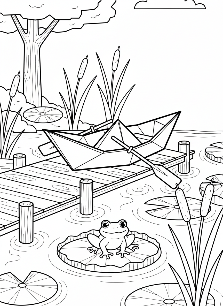 An origami rowboat with geometric oars, sitting peacefully at a dock with cattails, water lilies, and a friendly frog on a lily pad.
