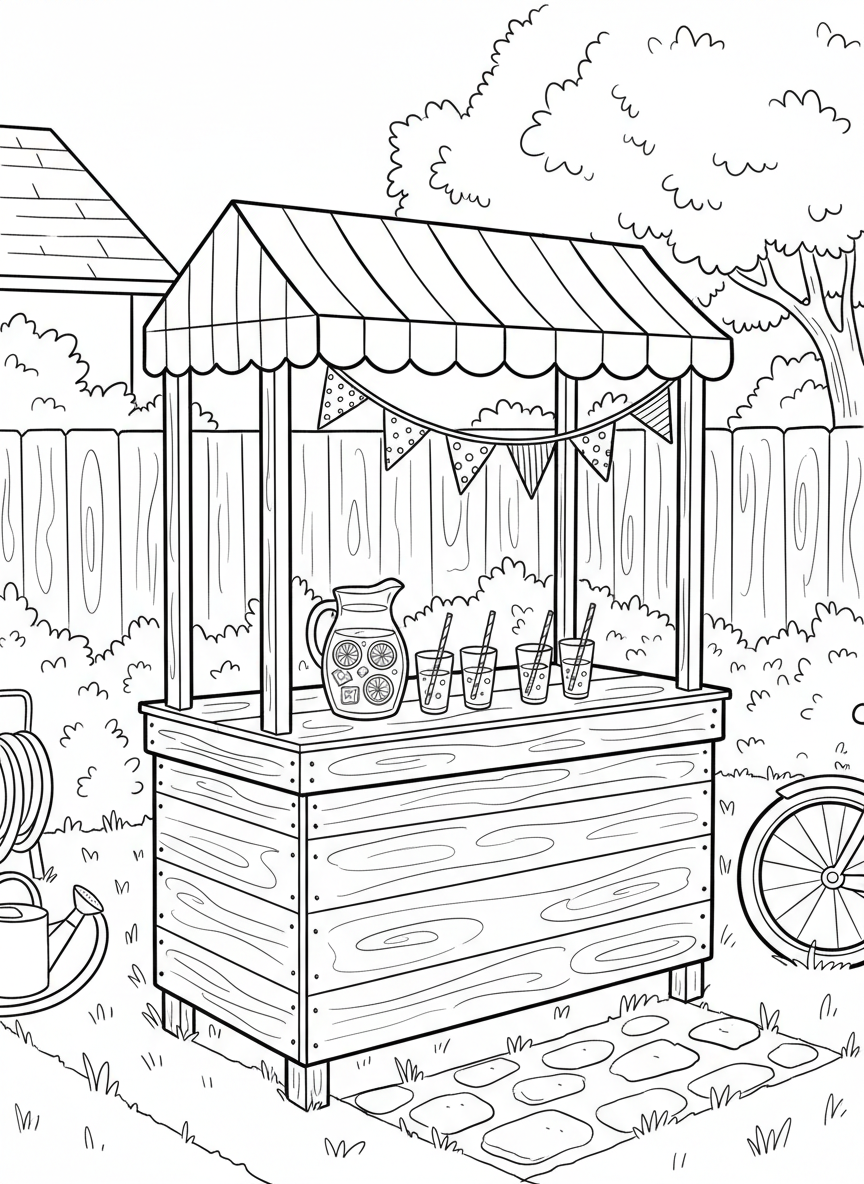 A backyard lemonade stand decorated with bunting flags, pitcher of lemonade, and cups on the table