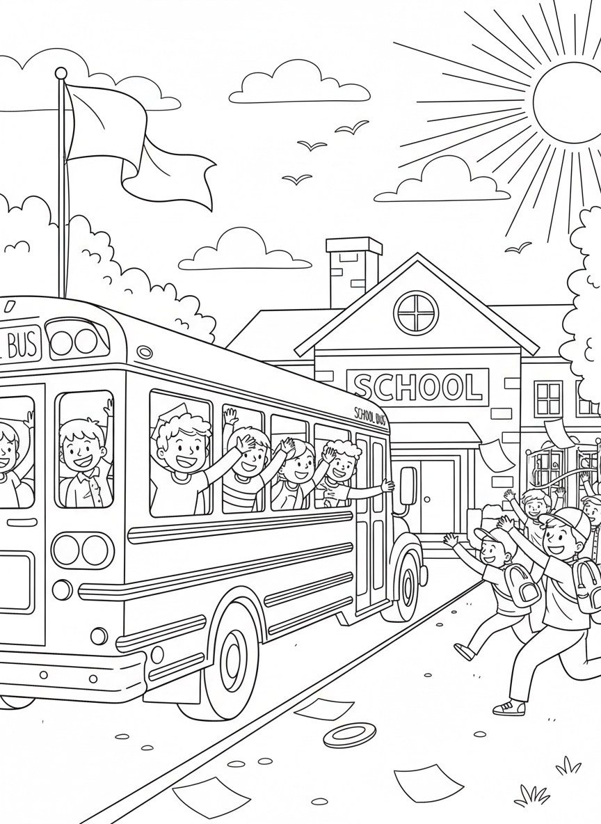 Last Day of School coloring page prompts capturing celebration, relief, nostalgia, and the start of summer freedom.	A bus pulling away from school grounds for the last time of the year, students waving through windows.