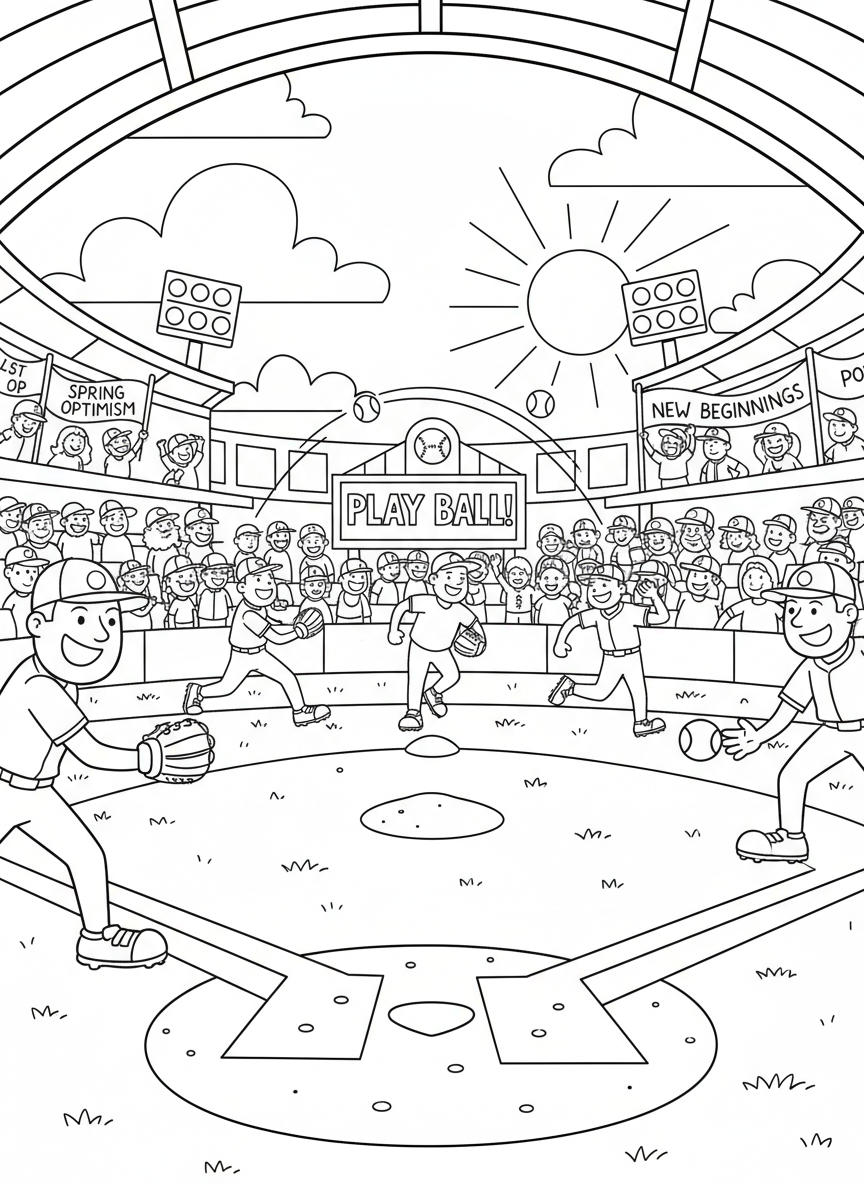 Baseball Opening Day coloring page prompts celebrating fresh starts, spring optimism, and the return of the game.	Players warming up on the field, tossing balls and stretching as anticipation builds throughout the stadium.