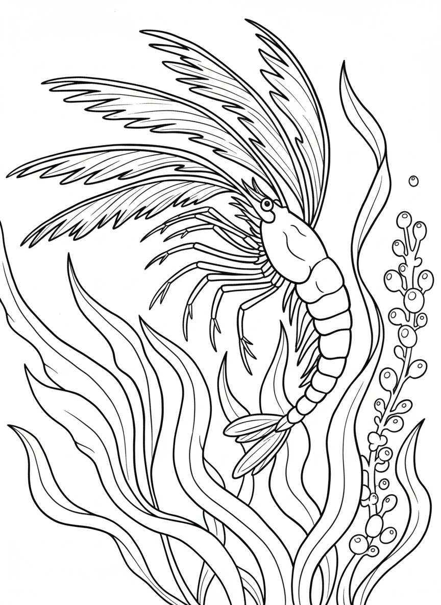 A fairy shrimp with feathery swimming legs doing a graceful swim pose, with simple underwater plants below.