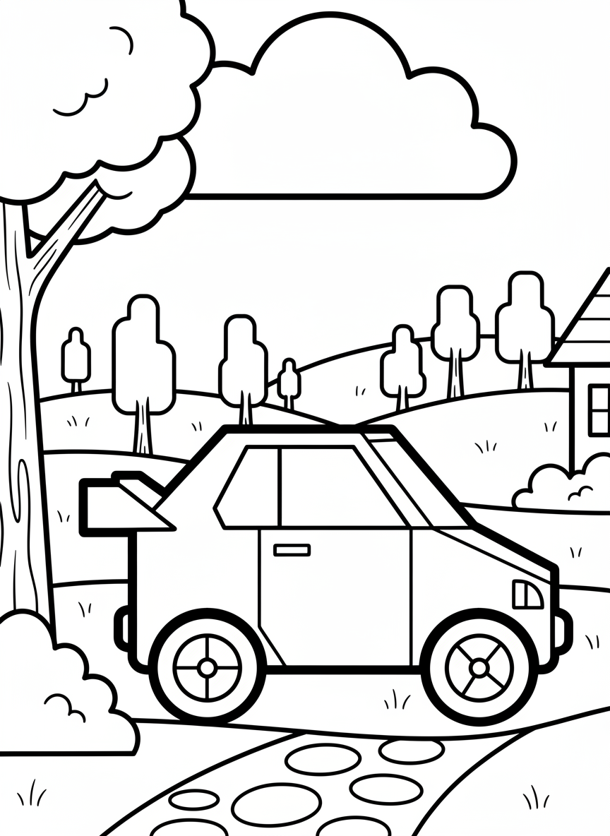 A simple origami car with rectangular body, circular wheels, and angular windows, perfect for young children to color