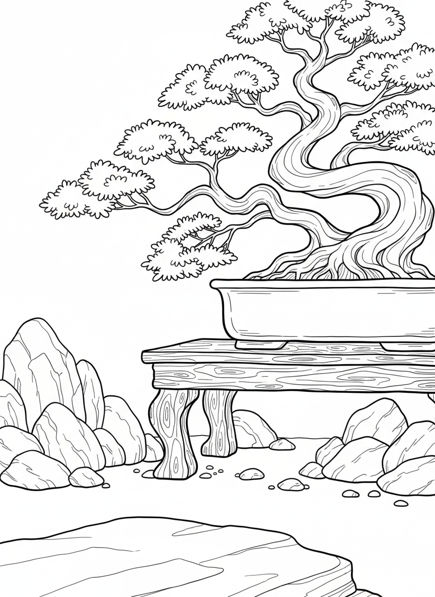A detailed bonsai tree with twisted branches and tiny leaves sitting on a wooden display stand, surrounded by small decorative rocks.
