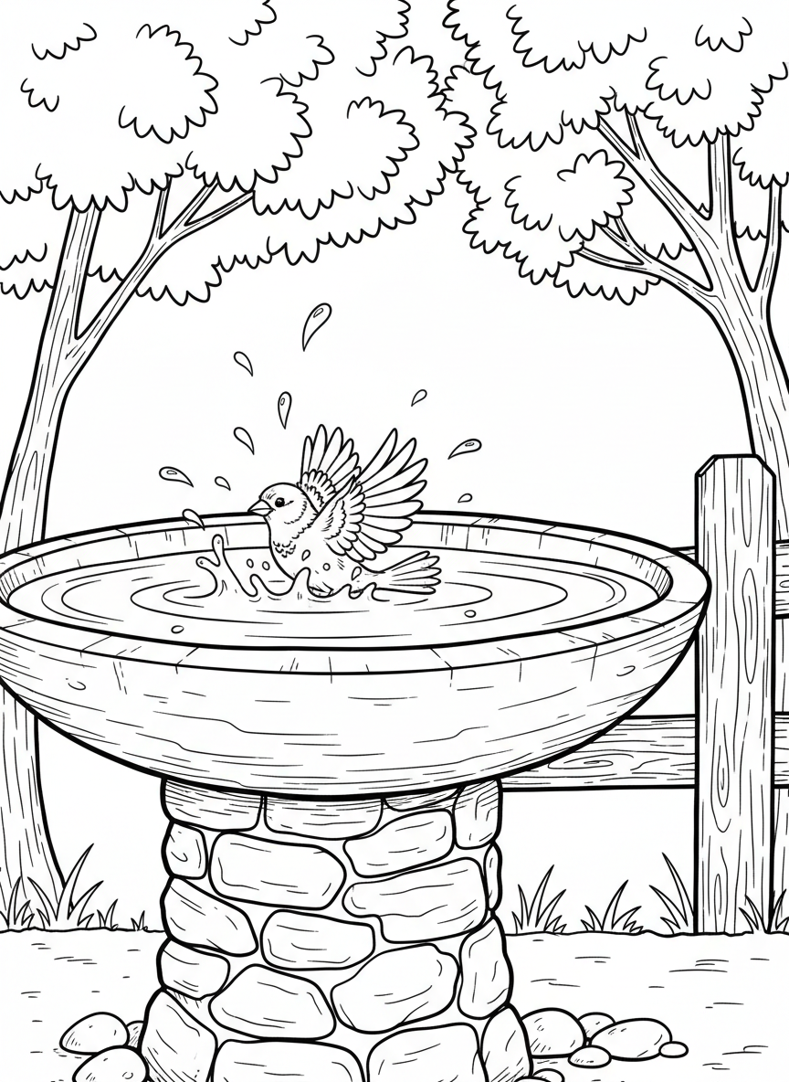 A simple bird bath with a sparrow splashing in the water, creating ripples and water droplets
