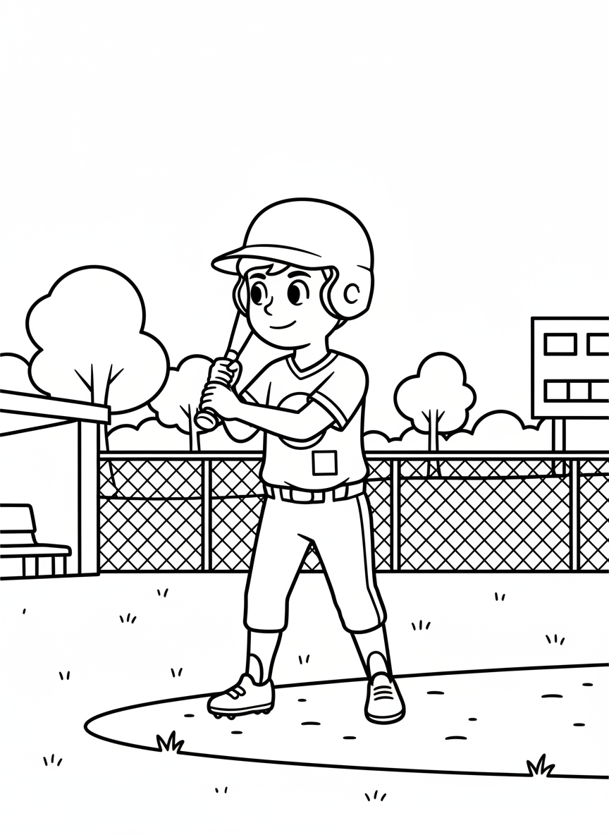 A young baseball player holding a bat over their shoulder, wearing a helmet and uniform with number and team logo space to color.