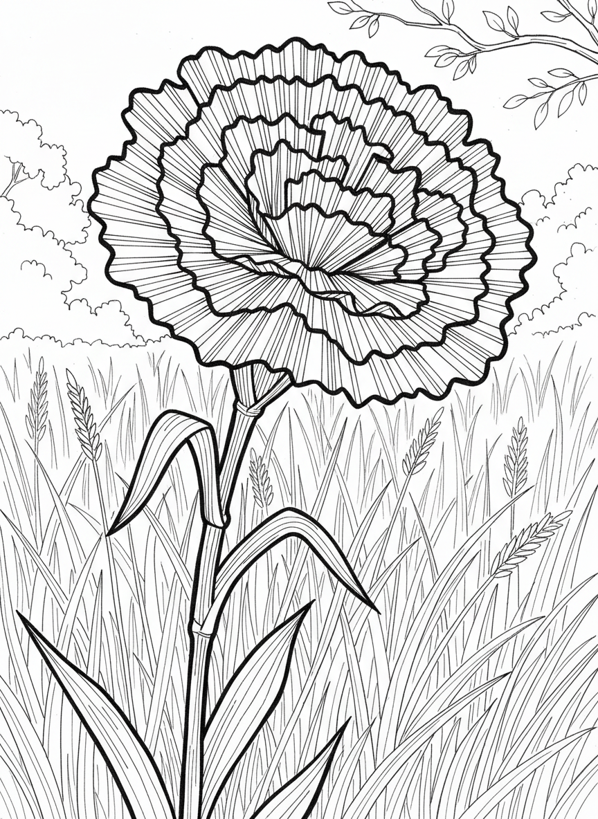 An origami carnation with zigzag-edged petals creating a fluffy appearance, shown with a long stem and narrow leaves.