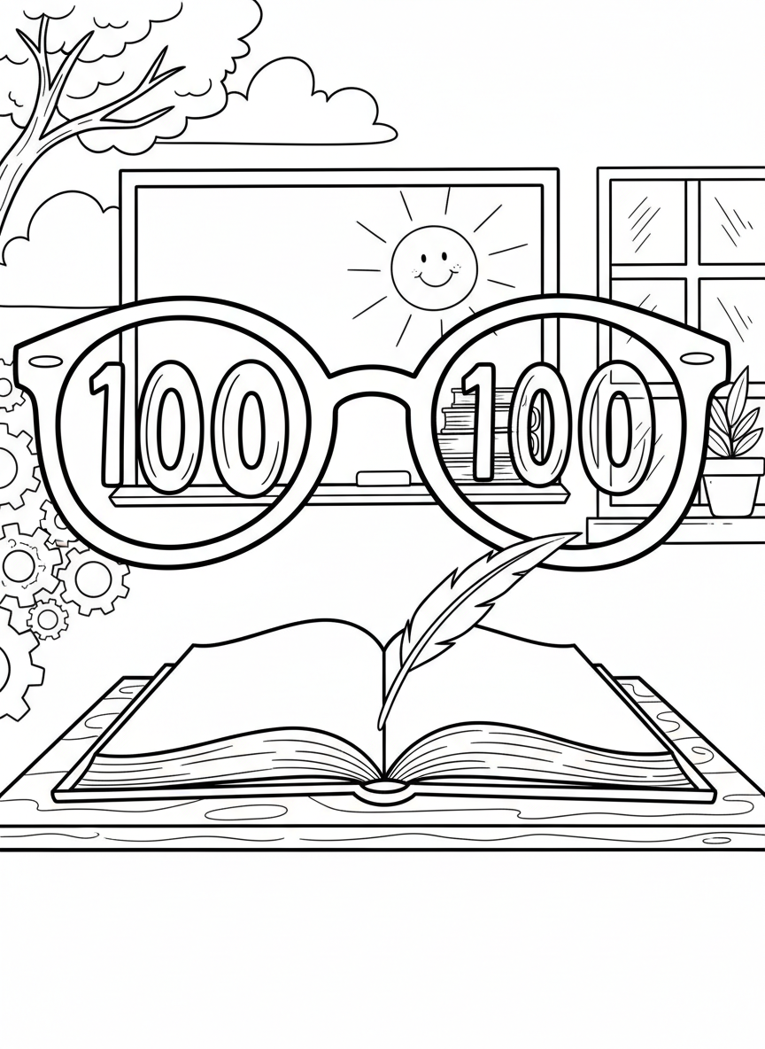 Eyeglasses with the number 100 on each lens, symbolizing being 100 days smarter in school