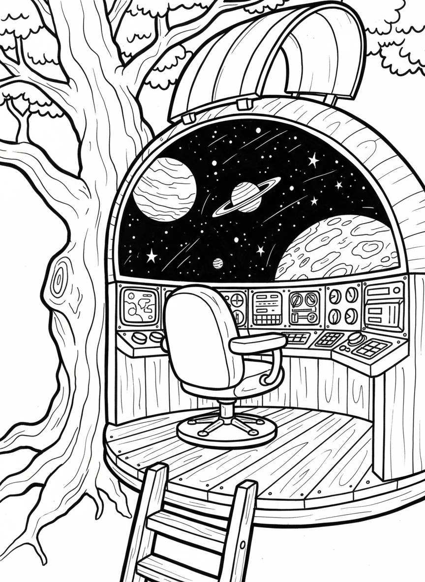 A treehouse observatory with a rotating chair, control panel with buttons and dials, and a large window showing planets and stars.