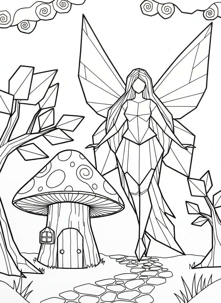 A tall origami fairy with long flowing geometric hair and wings, standing next to a paper-folded toadstool house