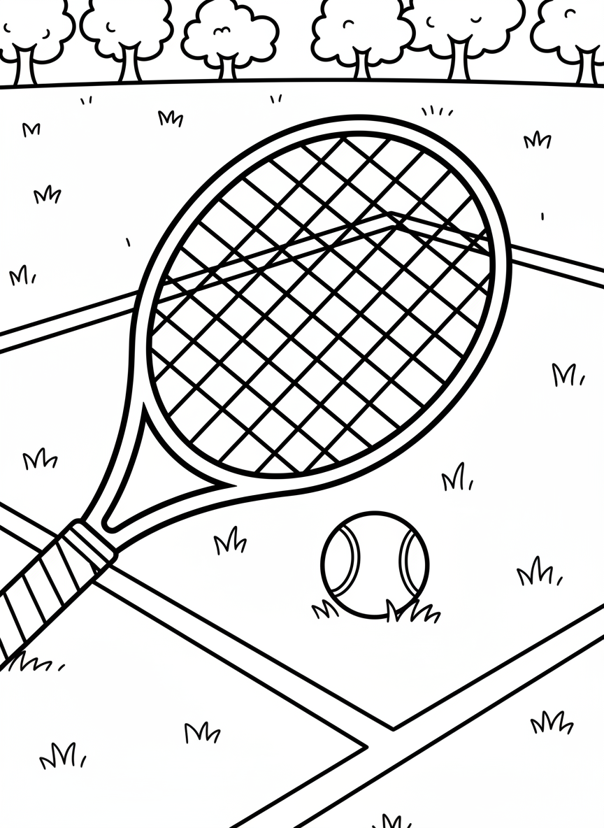 A close-up of a tennis racket and ball on grass court with white boundary lines, simple and clear for young children.