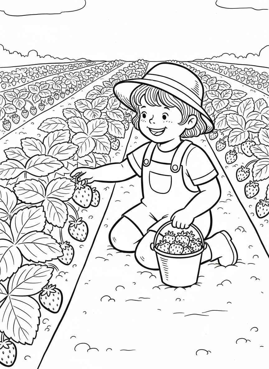 A smiling child picking strawberries in neat rows of strawberry plants, holding a small bucket filled with berries.