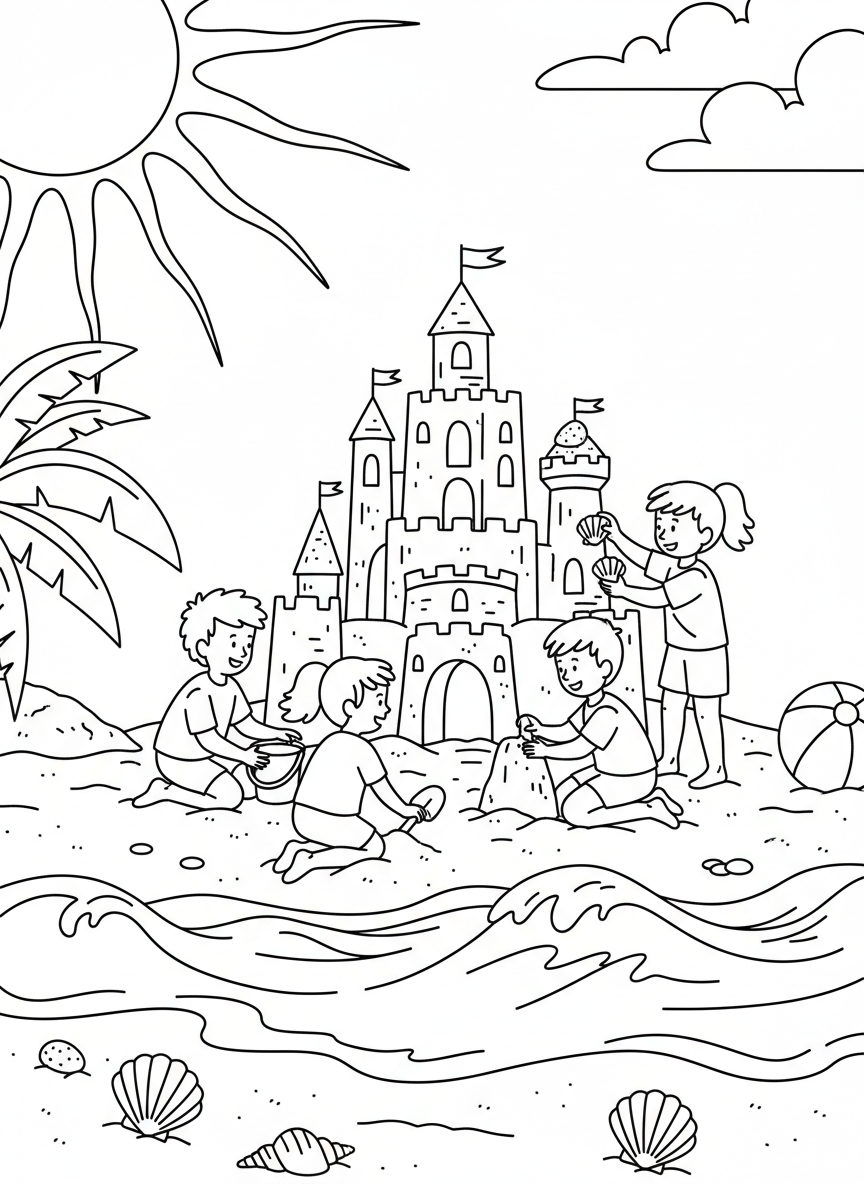 Children building a sandcastle at the beach on a sunny summer day with waves, seashells, and a warm sun overhead.