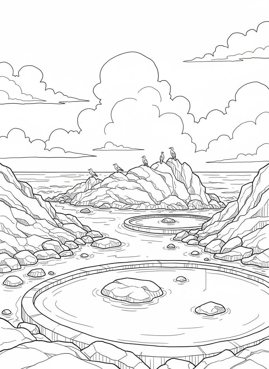A rocky shoreline scene with multiple connected tide pools, seabirds perched on rocks, and clouds in the sky.