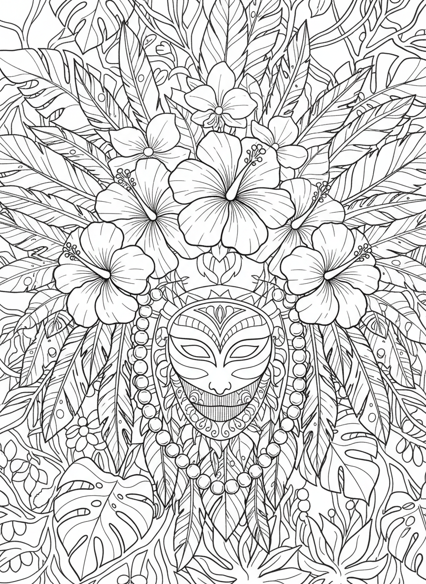 A detailed headdress design featuring tropical flowers like hibiscus and orchids mixed with feathers and beads in a symmetrical arrangement.