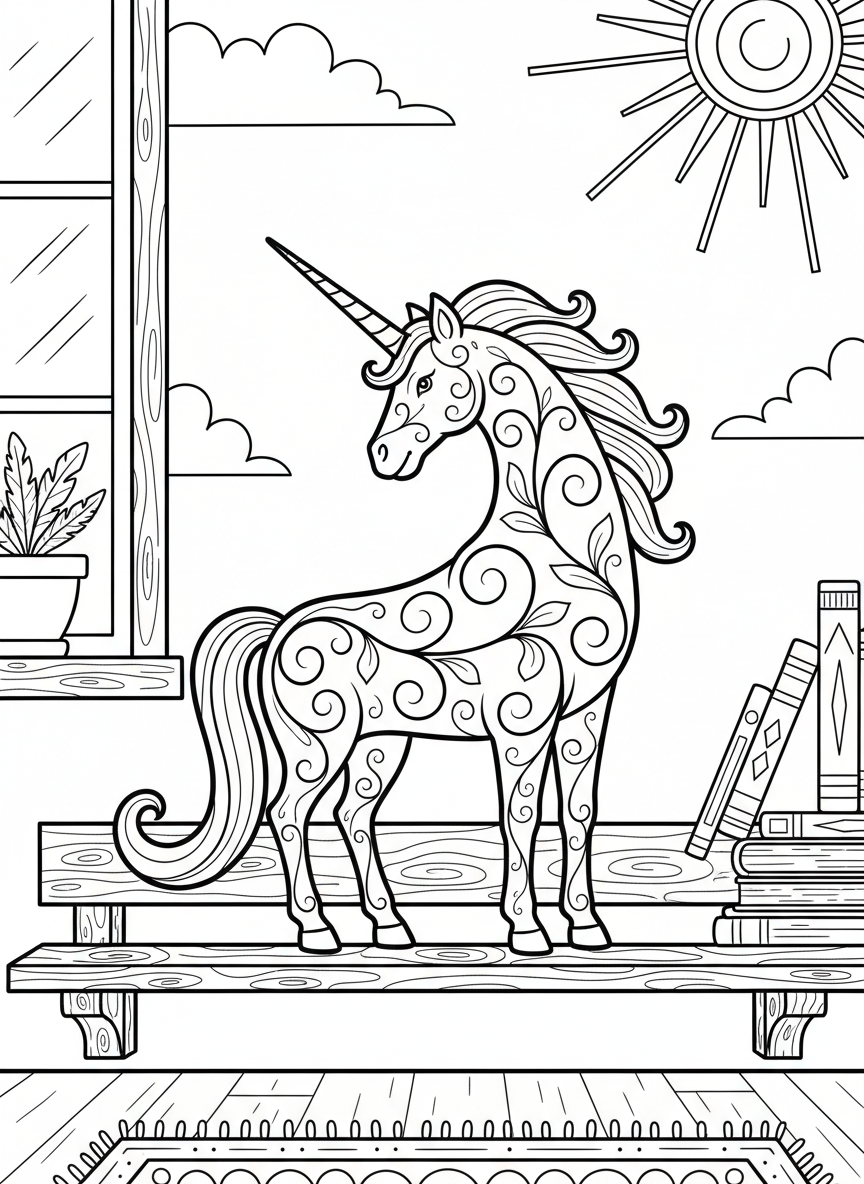 A decorative unicorn vase with swirling vine patterns, elegant curved neck, sitting on a shelf with simple background