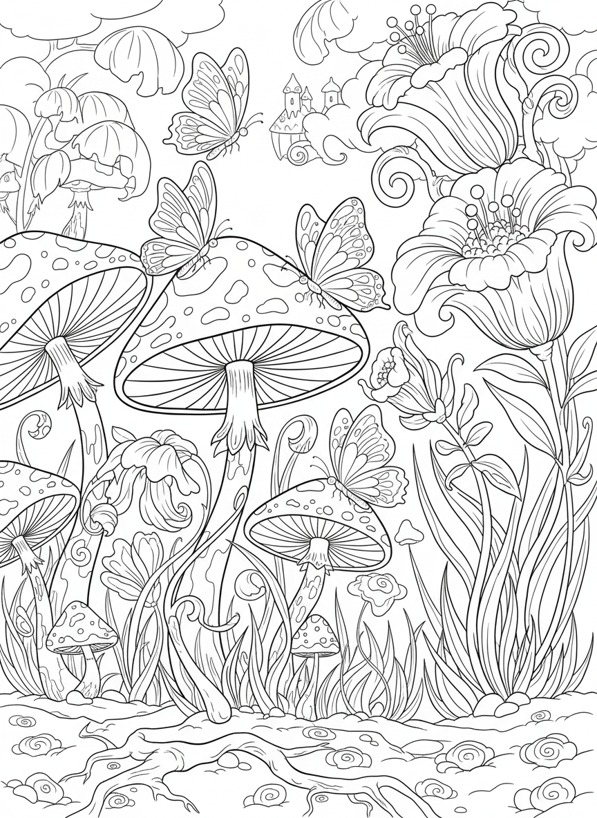 Whimsical scene of butterflies playing among oversized mushrooms and flowers in a magical garden setting with swirling grass.