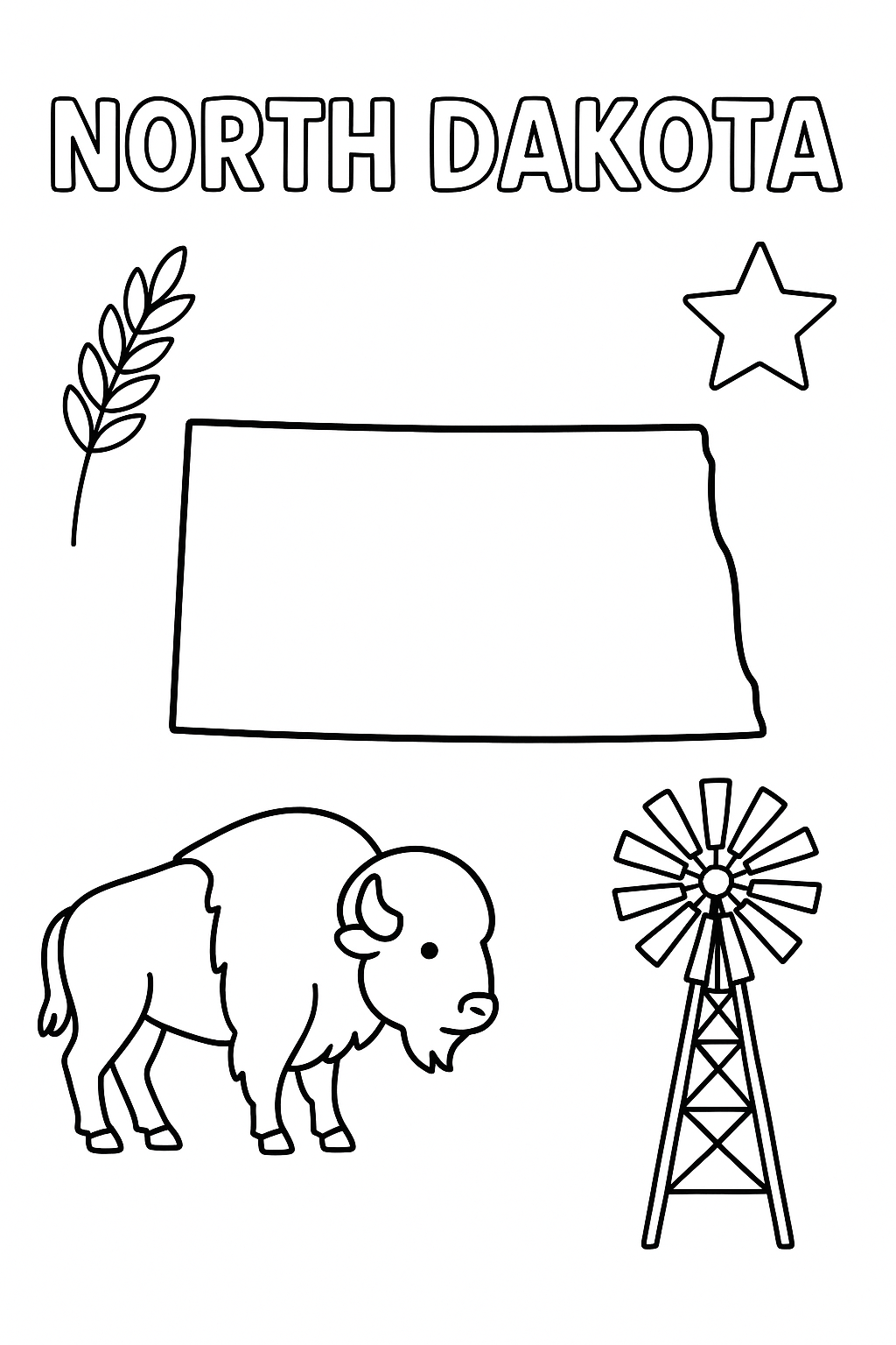 Write “North Dakota” once at the top in outlined letters. Make the state outline bold and centered. Add one bison, one wheat, one windmill, and one star in corners.