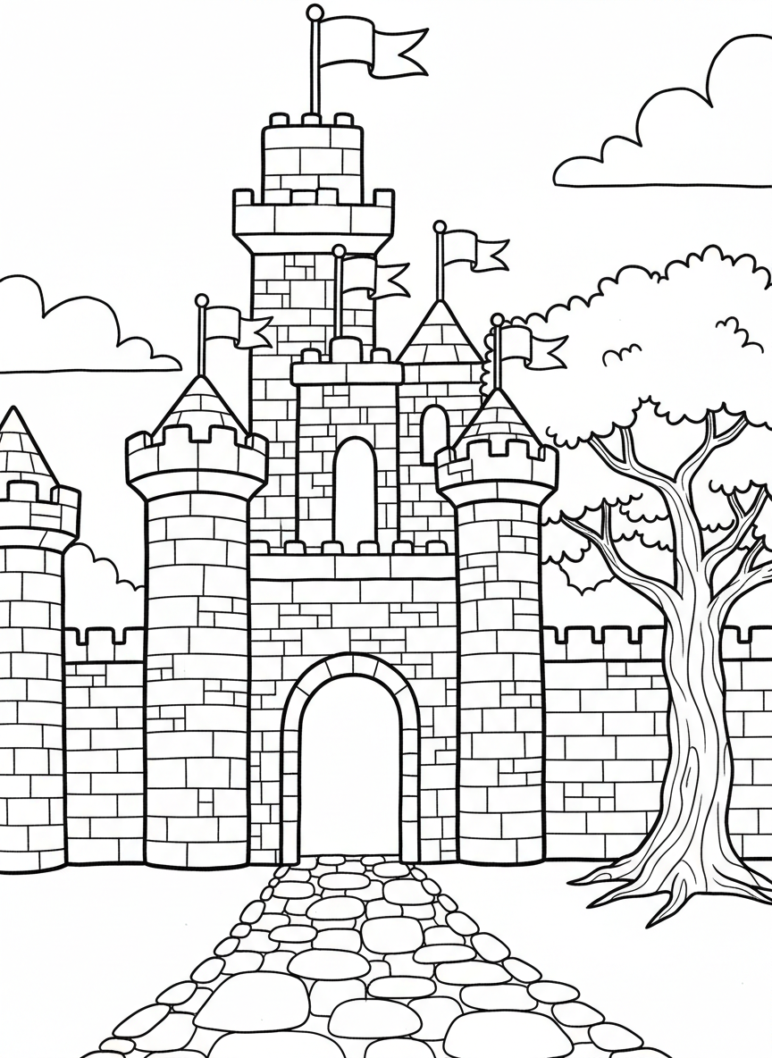 A majestic castle built entirely from toy bricks, featuring towers with flags, an arched doorway, and brick-textured walls.