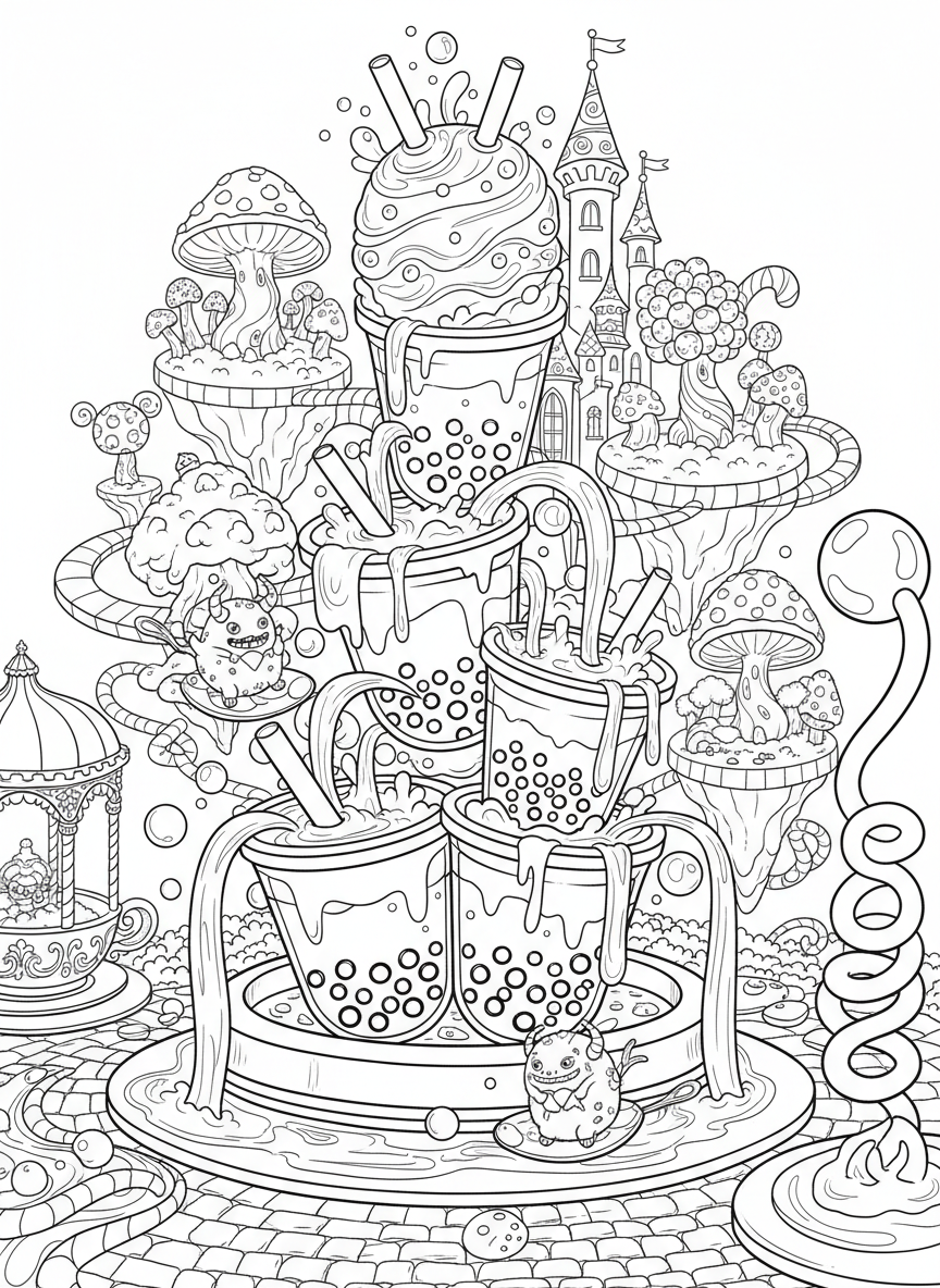 A magical bubble tea fountain with drinks pouring out and boba pearls bouncing around, whimsical scene for older kids