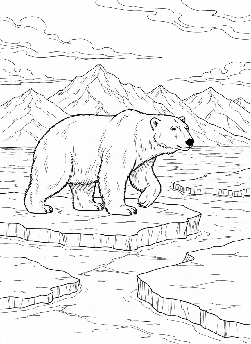 A polar bear walking across thick ice sheets with mountains and icy water stretching into the distance under a pale sky.