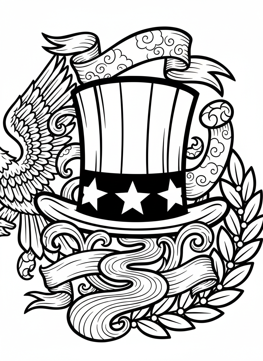Uncle Sam's iconic hat with stars and stripes, surrounded by decorative elements and banners
