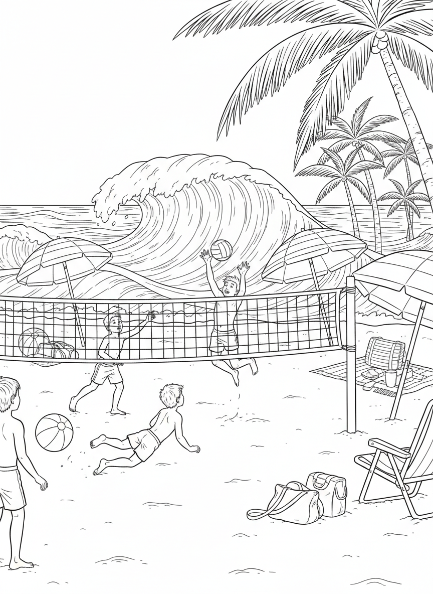 Children playing volleyball on Venice Beach with the ocean waves and beach umbrellas in the background