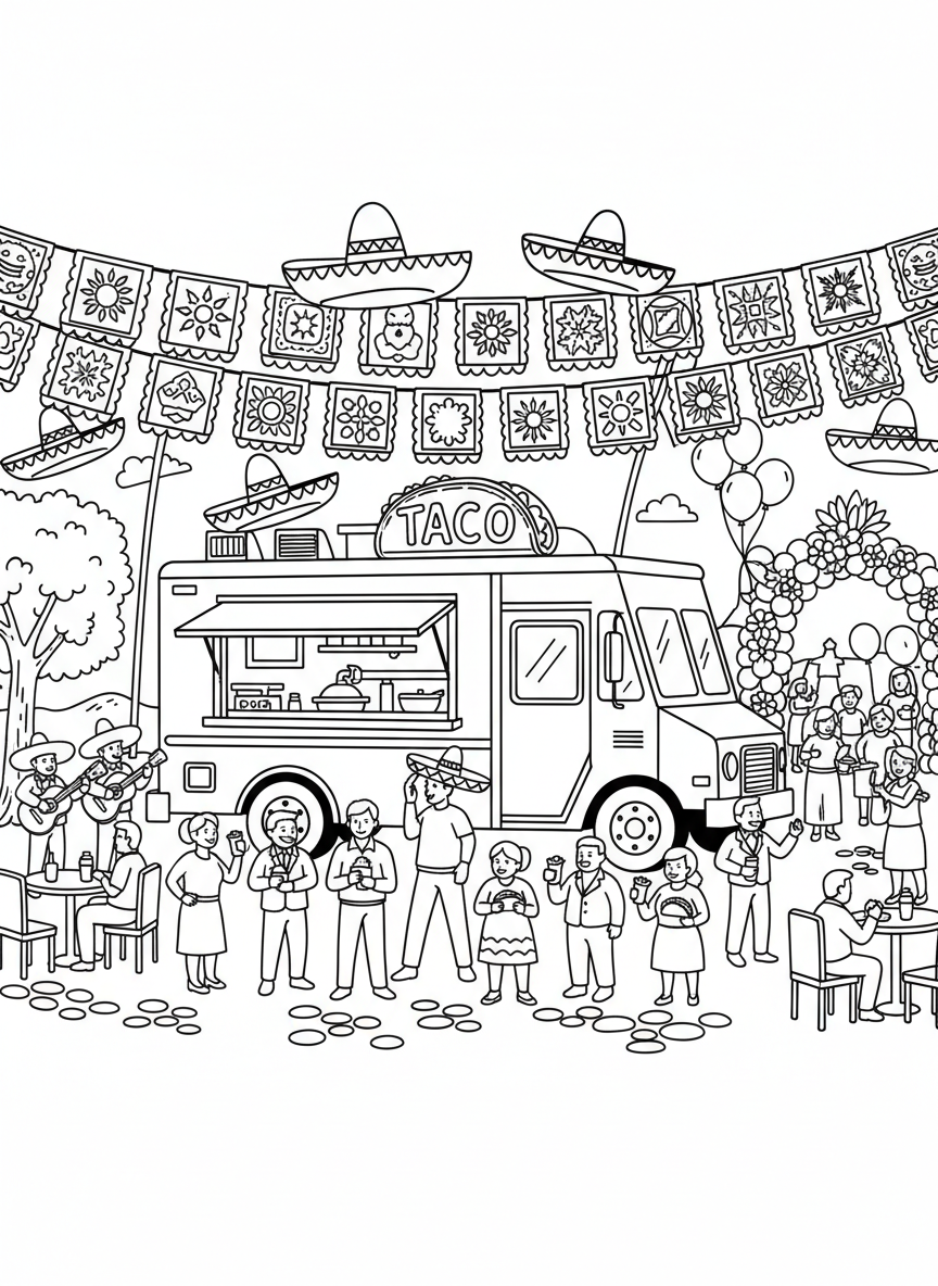 A taco truck parked at a community celebration with papel picado banners overhead, mariachi hat decorations, and festive atmosphere.