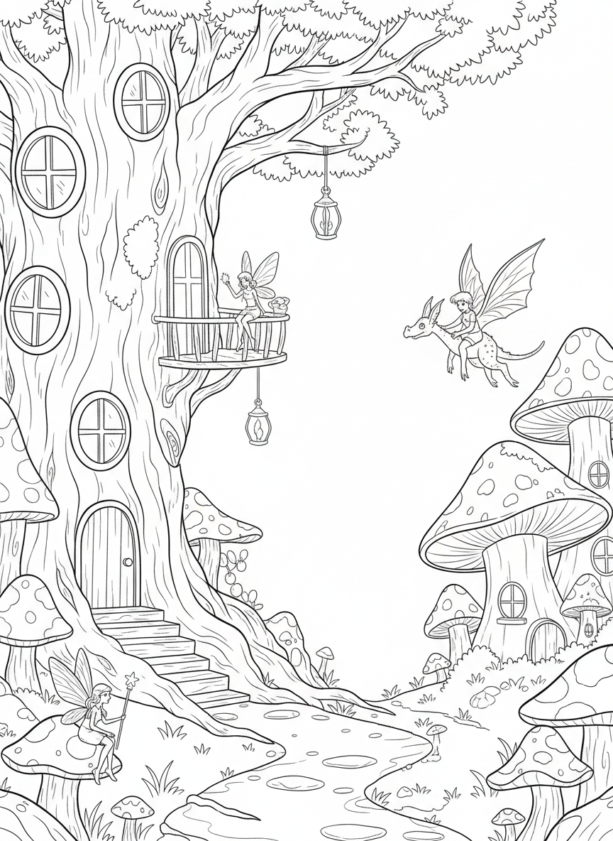 A fairy village scene with multiple small houses built into tree trunks and mushrooms, with tiny fairy residents and magical creatures.