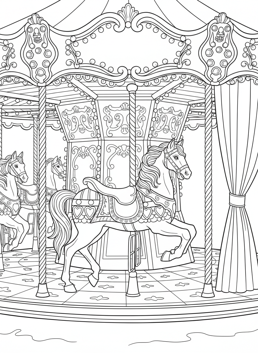 A carousel horse with flowing mane and decorative saddle, surrounded by ornate poles and carnival lights.
