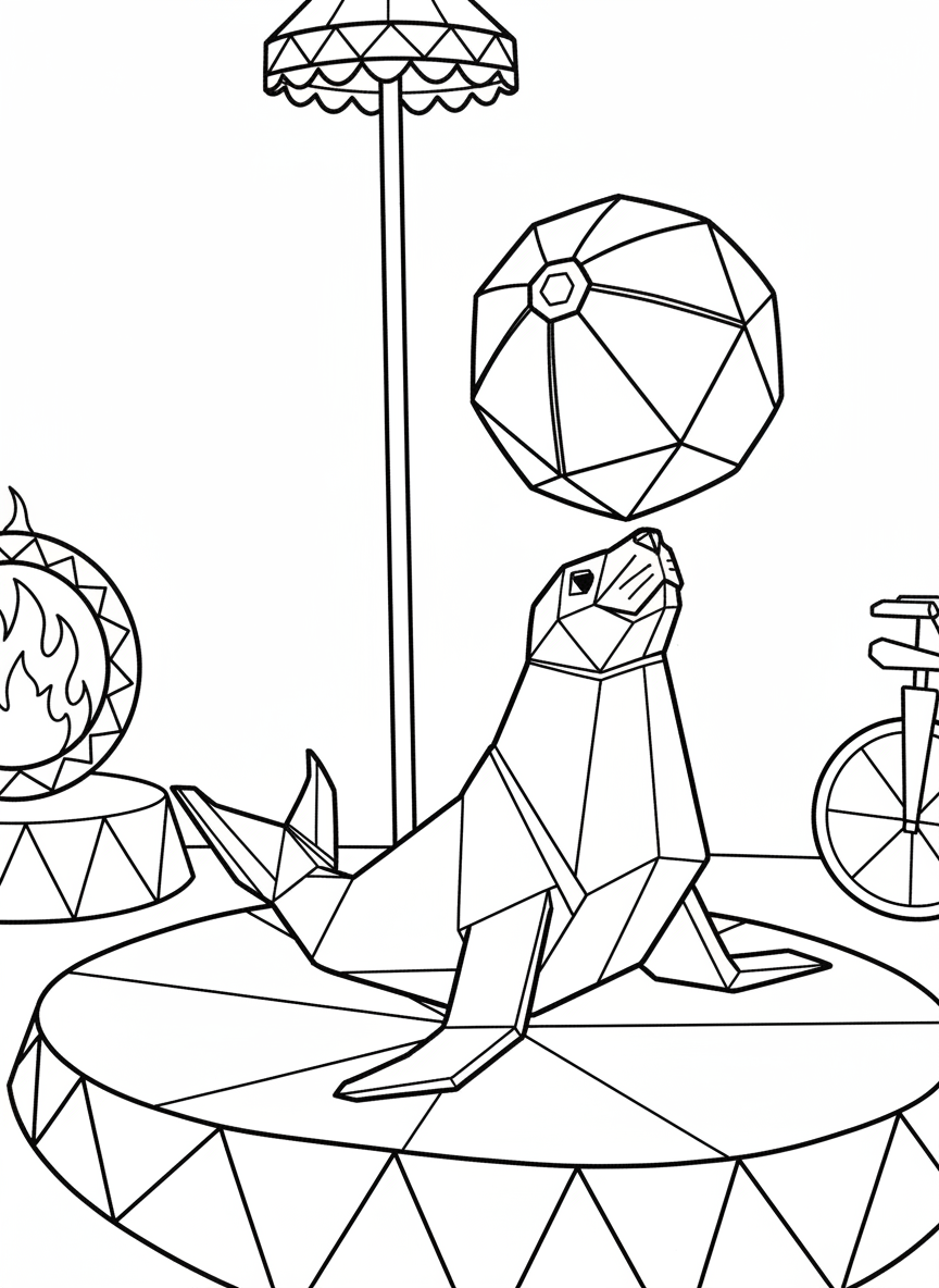 A detailed origami seal balancing a ball on its nose, complex paper folds showing circus trick pose, more challenging design for older kids