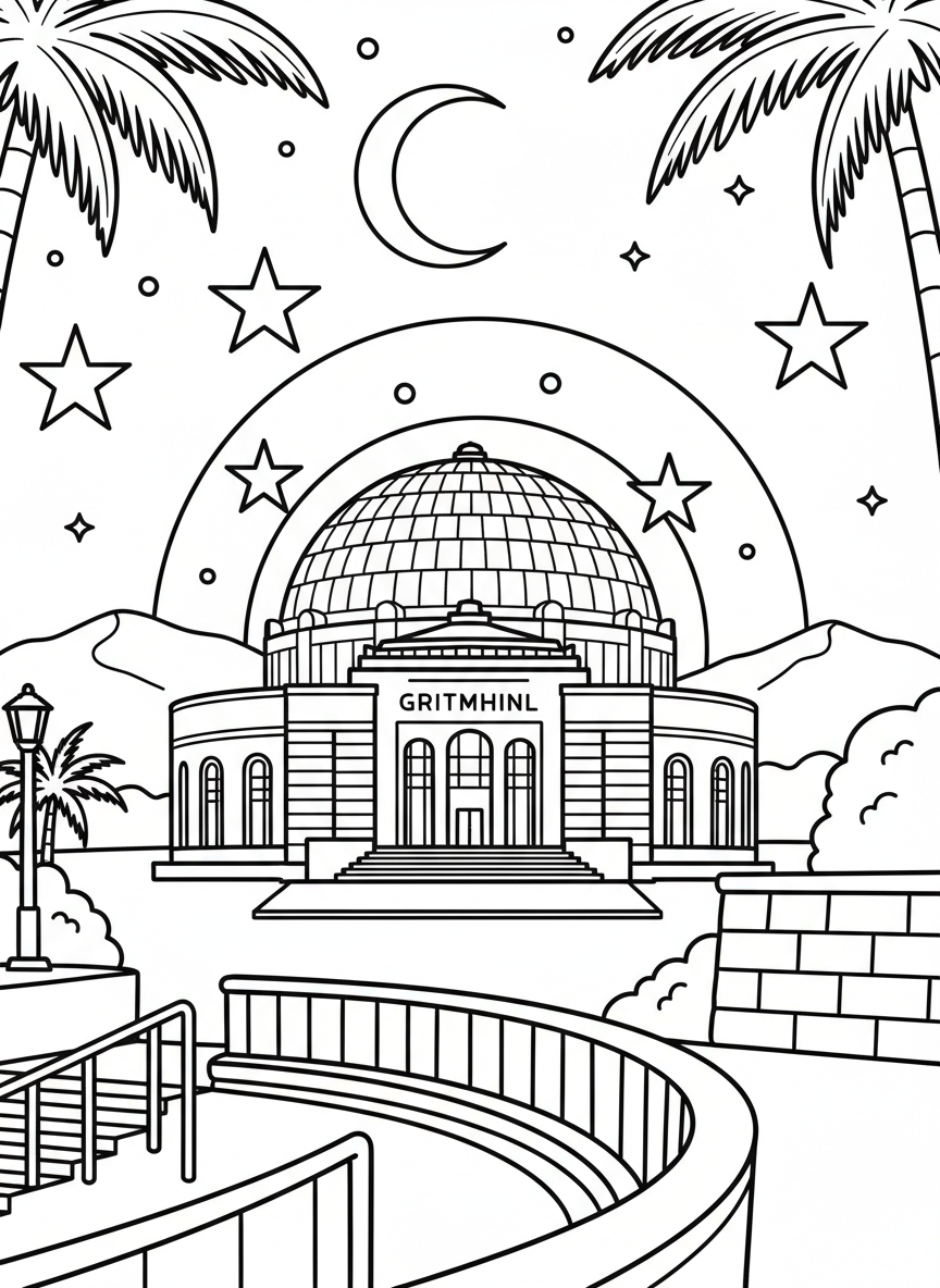The Griffith Observatory building with its distinctive domes, surrounded by stars and a crescent moon in the night sky