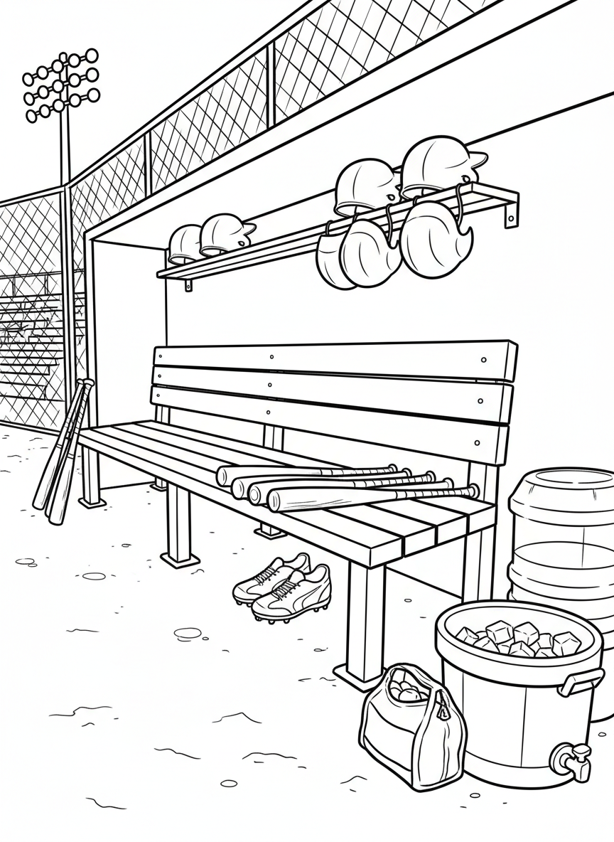 A dugout bench with baseball bats lined up, helmets on a rack, and a water cooler, detailed scene of baseball equipment.