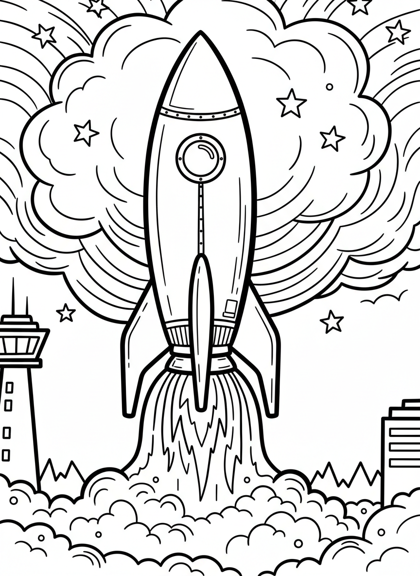 A large rocket ship launching into the sky with clouds and stars around it, simple line art coloring page for kids