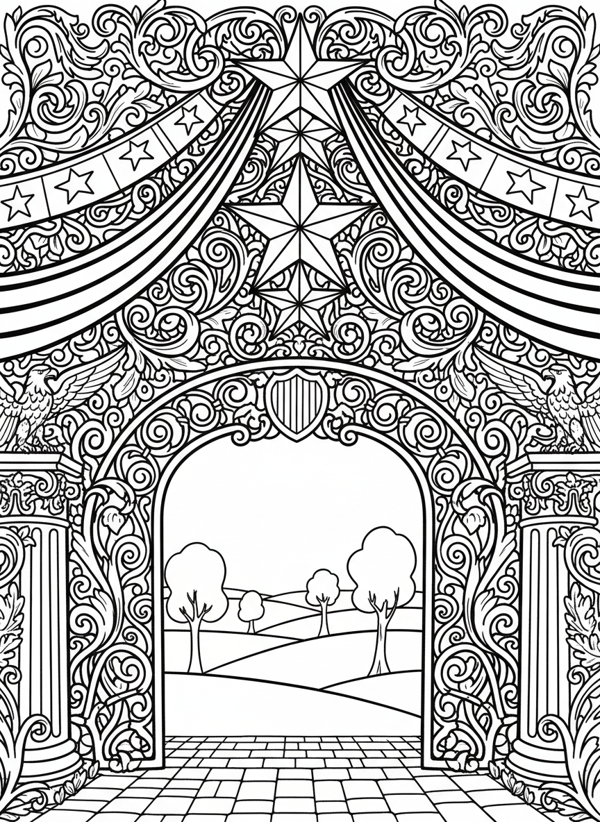 Patriotic bunting banners draped across the top of the page with stars hanging down, decorative border design
