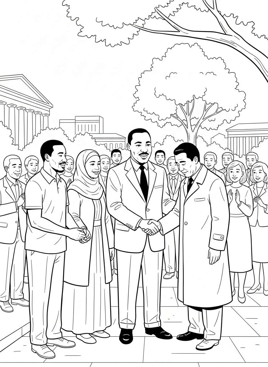 Martin Luther King Jr. shaking hands with people of different backgrounds, showing respect and kindness