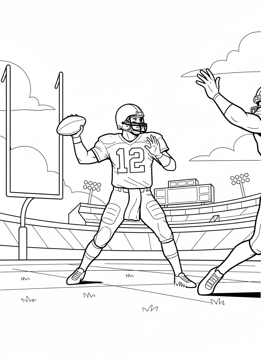 A quarterback in throwing position about to pass the football, wearing a helmet and uniform with clear number on jersey.