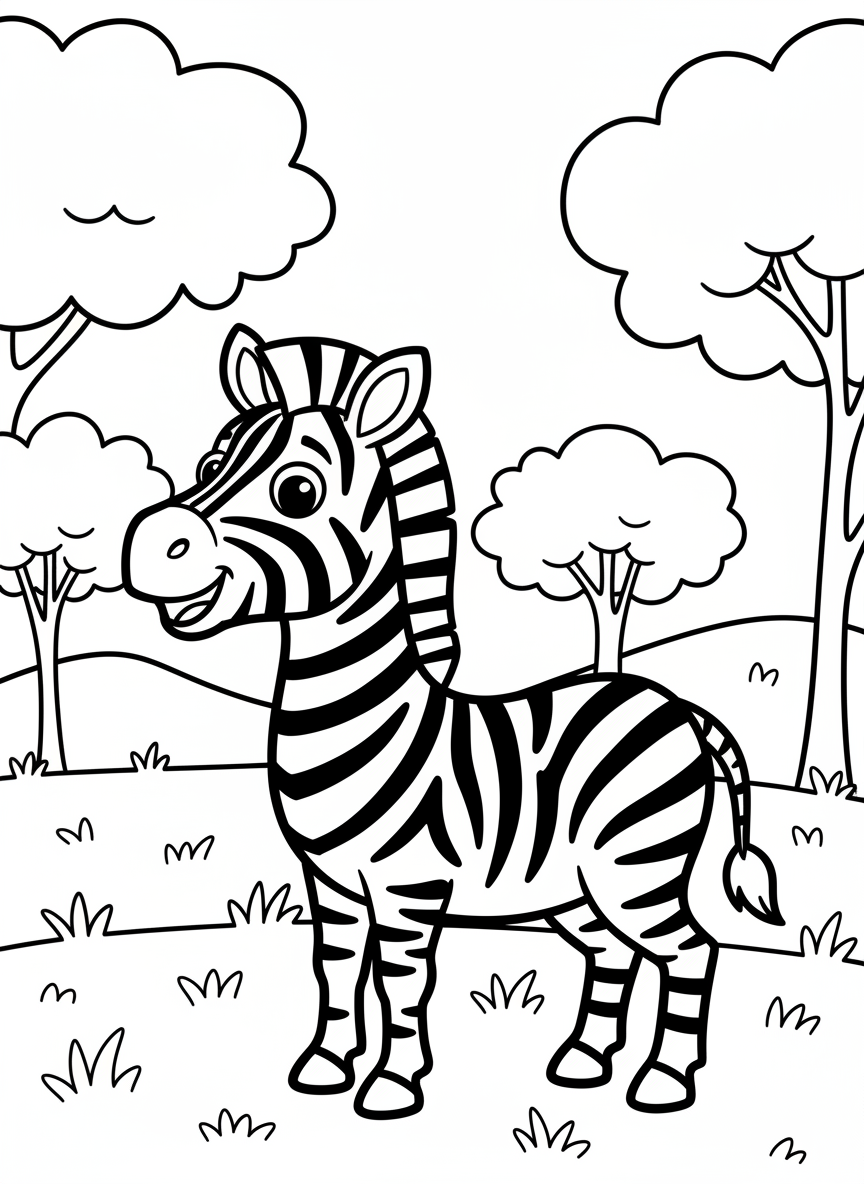 A cute zebra with bold stripes standing in profile, happy face with big eyes, simple background, clean line art perfect for toddlers