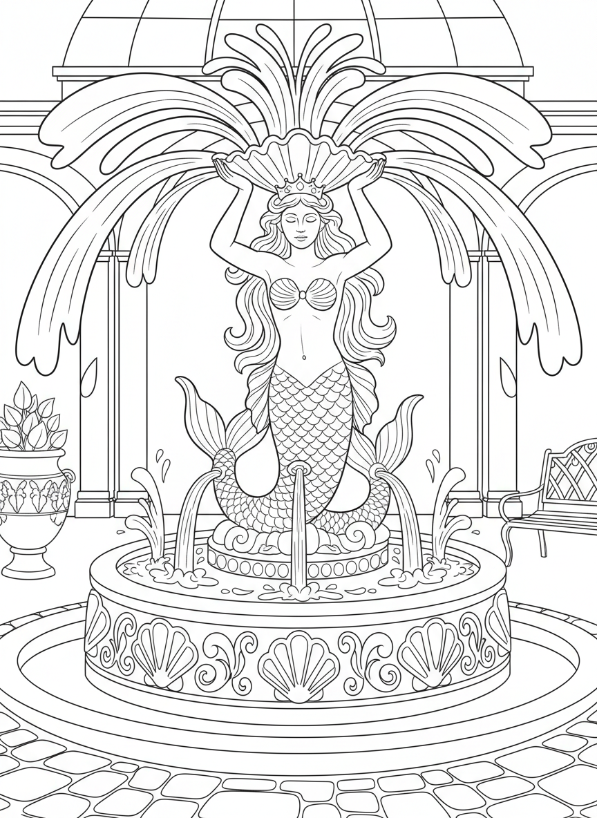 Elegant mermaid fountain statue design, posed gracefully with arms raised and water streams indicated by flowing lines, decorative base with shell motifs, ornamental coloring page