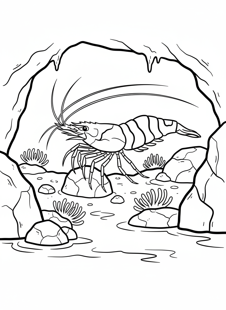 A peppermint shrimp with bold stripes exploring a tide pool cave, with simple rock textures and small anemones.