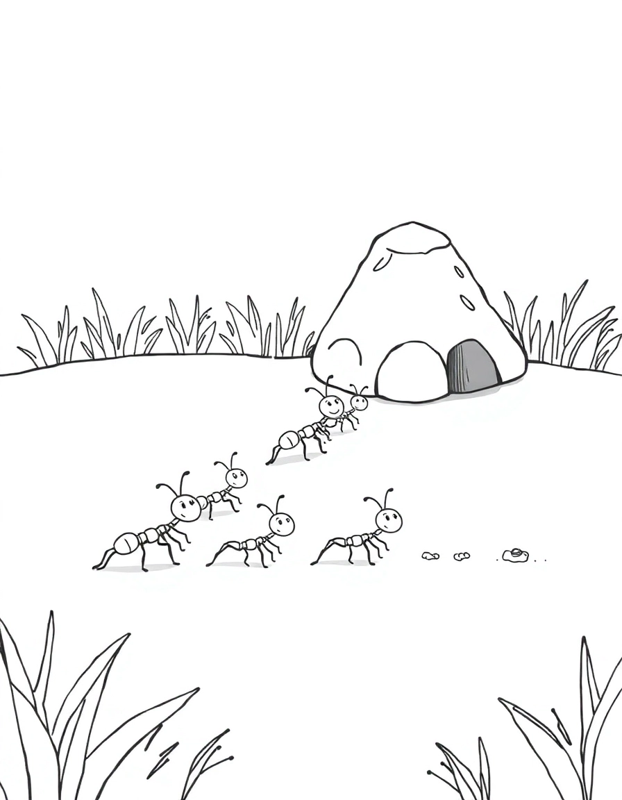 A line of happy marching ants carrying tiny crumbs of food, moving towards an anthill.